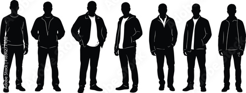 Casual men silhouettes standing set, modern male fashion outfits poses, urban street style concept, black minimal vector illustration collection
