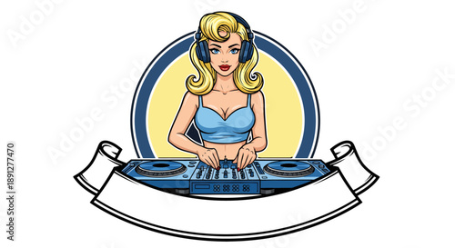 A vibrant pop-art vector illustration features a blonde female DJ mixing beats on blue turntables, framed by a yellow circle and anchored by a sweeping blank white banner ready for custom text