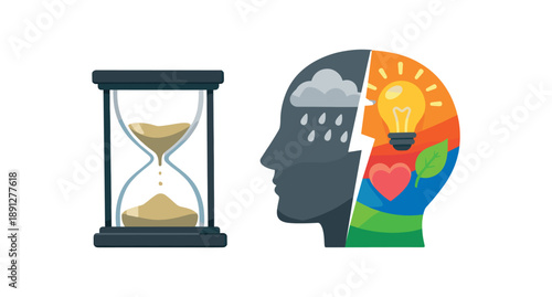 colored flat icon vector illustration isolated on white background hourglass next to grey head slowly changing to color long term treatment of mental illness