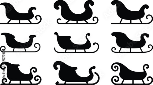 Santa sleigh silhouette set featuring classic Christmas sled designs in various shapes, festive holiday transport icons isolated on white background, black vector illustration collection
