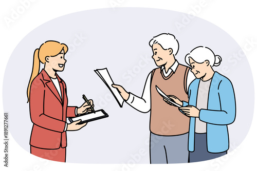 Girl conducts survey of older people, issuing questionnaires to study quality of life after retirement. Gray-haired elderly man and woman consulting with pension fund lawyer giving financial advice