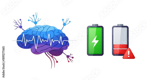 Mental health, emotional balance brain with ecg line and battery icons representing mental energy levels and power