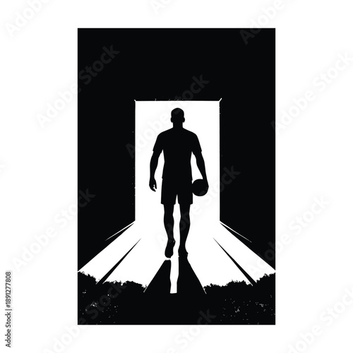 drawing in silhouette of a guy football player leaving a tunnel or entryway while carrying a ball.