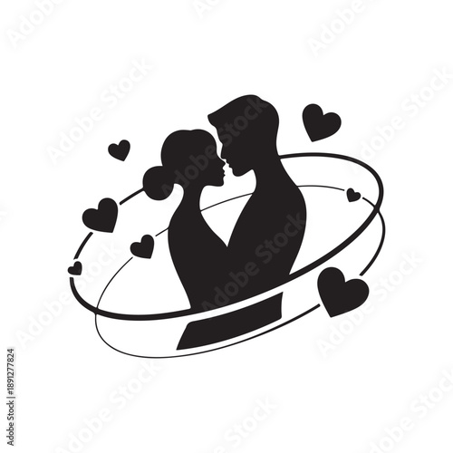 Couple in silhouette embracing, surrounded by orbiting hearts and swooshing lines, conveying love