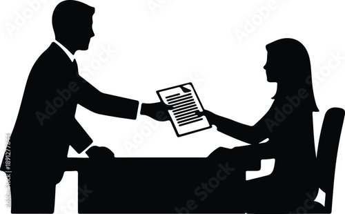 Silhouette of man handing document to seated woman at desk illustration vector