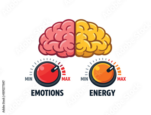 colored flat icon vector illustration isolated on white background brain with two volume knobs one for emotions one for energy both turned to extremes dysregulation symbol