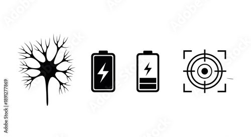 Mental health, emotional balance a set of four black and white icons representing a neuron, battery levels, and a target symbol