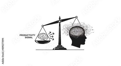 Mental health, emotional balance a black and white illustration of a scale balancing a brain with productivity signal on one side and a human head with thoughts on the other