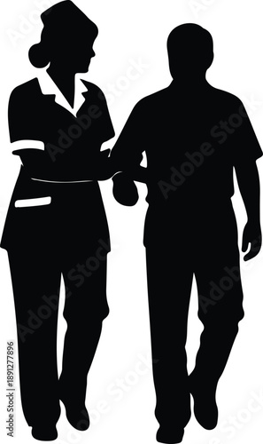 Silhouette of nurse assisting elderly man walking vector illustration