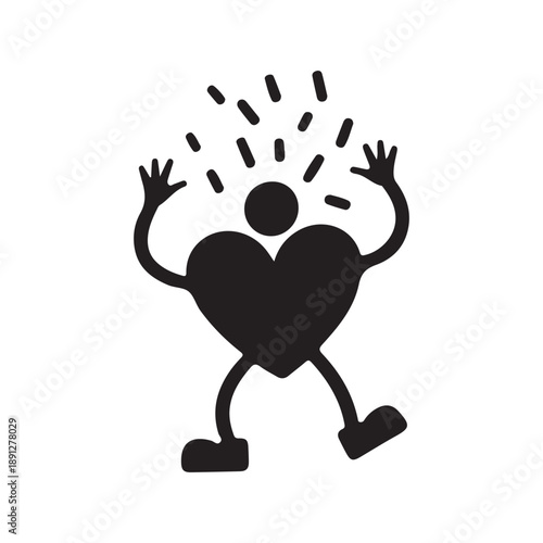 Stylized black silhouette of a joyful heart character with arms raised and legs splayed, celebrating