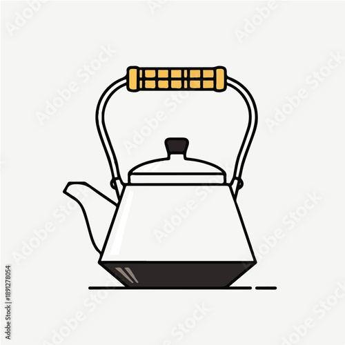 Vector illustration set featuring a black silhouette alarm clock icon and a tea kettle symbol designed as a cooking kitchen sign on a dark background