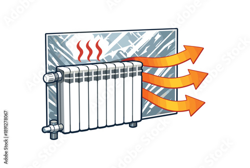 full color flat icon radiator with reflective foil panel behind bounce heat into room