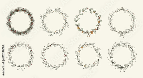 Eight hand drawn wreaths with leaves and ribbons on cream background for decoration