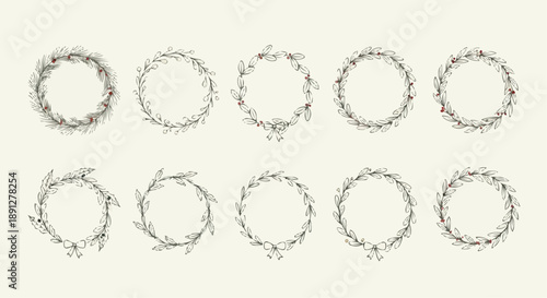 Set of hand drawn floral wreath frames on cream background for decoration