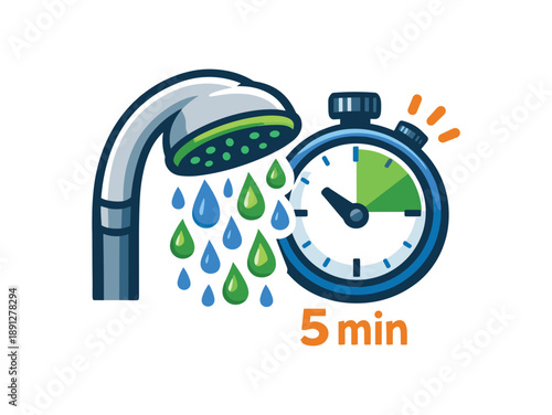 full color flat icon shower head with water saving droplets and timer icon shorter showers