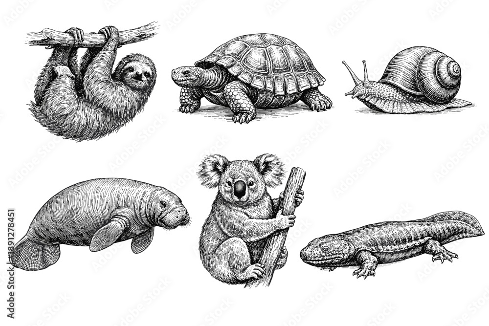 Fototapeta premium Realistic black and white illustrations of diverse animals in natural poses