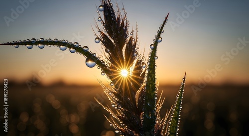 Golden sunrise through dew kissed grass blades in a serene natural landscape