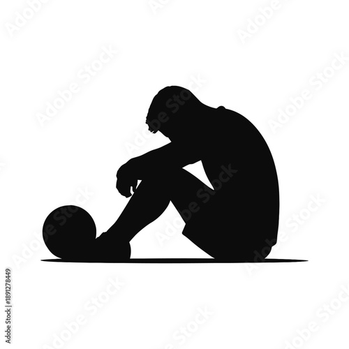 A sad and possibly disappointed soccer or sports player silhouette vector icon illustration on white background