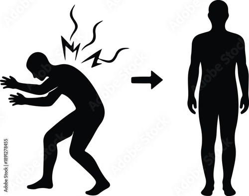 Silhouette showing progression from pain to recovery with an arrow vector illustration