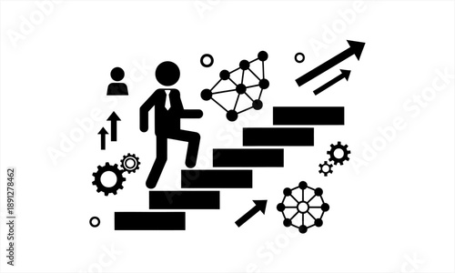 Businessman climbing stairs with gears and arrows symbolizing career growth.