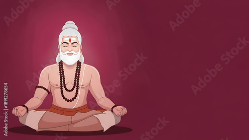 Serene sadhu in meditation pose with beads and sacred marks