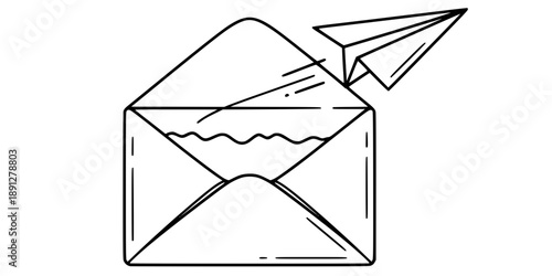 Envelope with a paper airplane flying out of it in one line art style. Mail drawing with editable black stroke on white background.