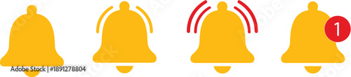 Notification bell icon set. Alarm symbol. Incoming message symbol. Bell for subscribe, alarm and push chat alert. New notification, reminder