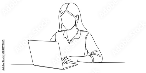 Woman working on a laptop in one line art style. Drawing of a faceless person using a computer with editable black stroke on a white background. 