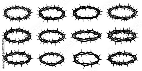 Crown of thorns icons set. Black silhouette of a religious symbol of Christianity.