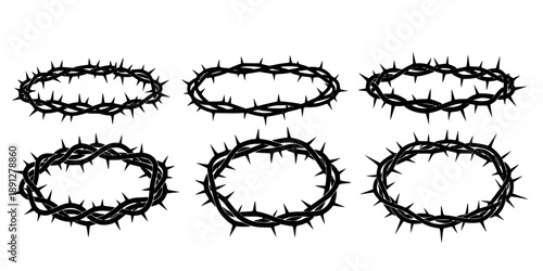 Crown of thorns icons set. Black silhouette of a religious symbol of Christianity.