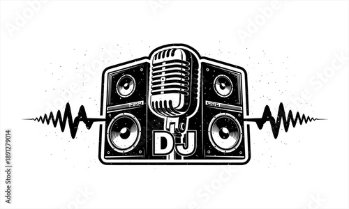 DJ music equipment with microphone and speakers for party events.