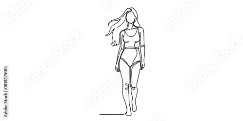 Female body or mannequin in full height in one line art style. Drawing with editable black stroke on white background.
