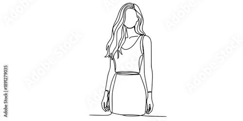 Female body or mannequin in full height in one line art style. Drawing with editable black stroke on white background.