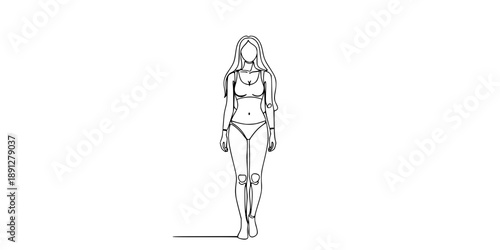 Female body or mannequin in full height in one line art style. Drawing with editable black stroke on white background.