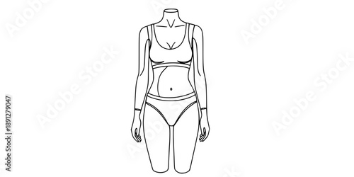 Female body or mannequin in full height in one line art style. Drawing with editable black stroke on white background.