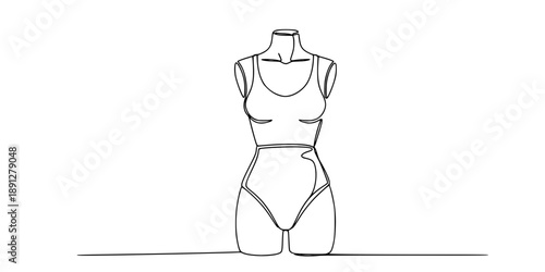 Female body or mannequin in full height in one line art style. Drawing with editable black stroke on white background.