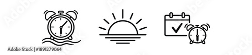 black and white outline alarm clock with soft wave sunrise line consistent wake habit