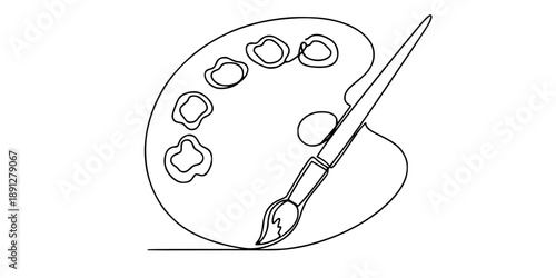One continuous line of an artist's palette with paints and an art brush. Line art of a palette and a paint brush. 