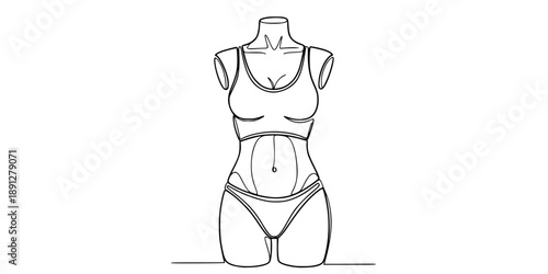 Female body or mannequin in full height in one line art style. Drawing with editable black stroke on white background.