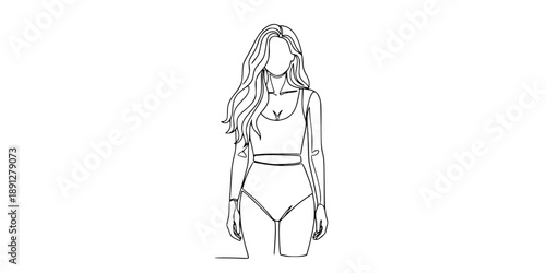 Female body or mannequin in full height in one line art style. Drawing with editable black stroke on white background.