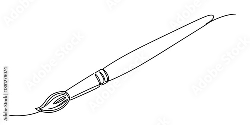 One continuous line of a classic art brush. Line art of a paint brush. Drawing in one line style with a black stroke. 