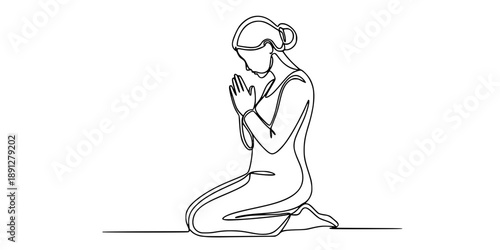 A woman kneeling in a prayer pose, symbolizing faith, humility, spirituality, and hope. Drawing in one line art style with editable black stroke.