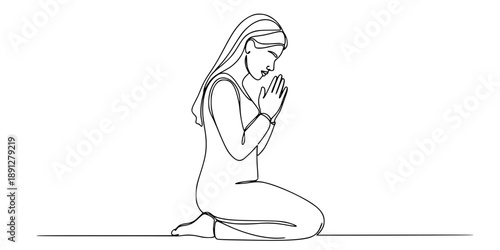 A woman kneeling in a prayer pose, symbolizing faith, humility, spirituality, and hope. Drawing in one line art style with editable black stroke.