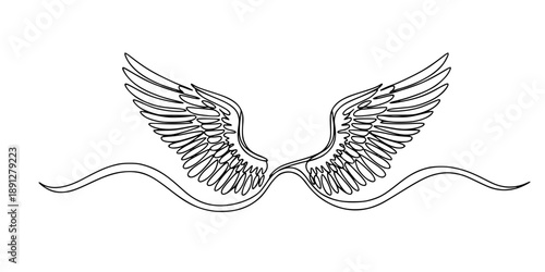 One continuous line of a pair of spread wings. Line art of angel or bird wings on a wavy horizontal line. Drawing in one line style with a black stroke.wing, angel, bird, flight, freedom, soul, heaven