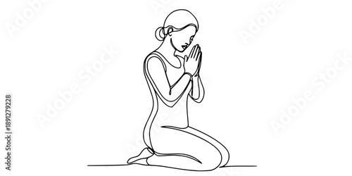 A woman kneeling in a prayer pose, symbolizing faith, humility, spirituality, and hope. Drawing in one line art style with editable black stroke.