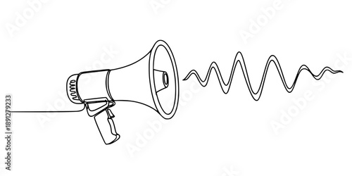 A handheld megaphone on a horizontal line with a wavy extension. Drawing in one line art style with editable black stroke. 