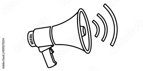 A handheld megaphone on a horizontal line with a wavy extension. Drawing in one line art style with editable black stroke. 