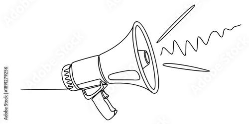 A handheld megaphone on a horizontal line with a wavy extension. Drawing in one line art style with editable black stroke. 