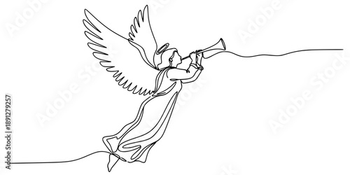 An angel with large wings flying and blowing a long trumpet, symbolizing good news, Christmas, divine proclamation, and spirituality. Drawing in one line art style with editable black stroke. 