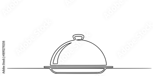 A kitchen plate with a closed lid on a horizontal line, symbolizing restaurant service, cooking, and gastronomy. Drawing in one line art style with editable black stroke.